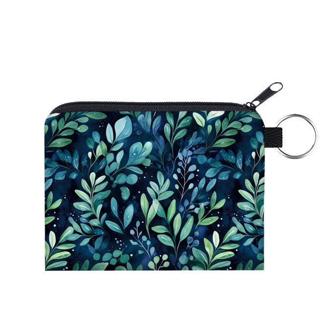 Mini Pouch - Navy Green Leaves