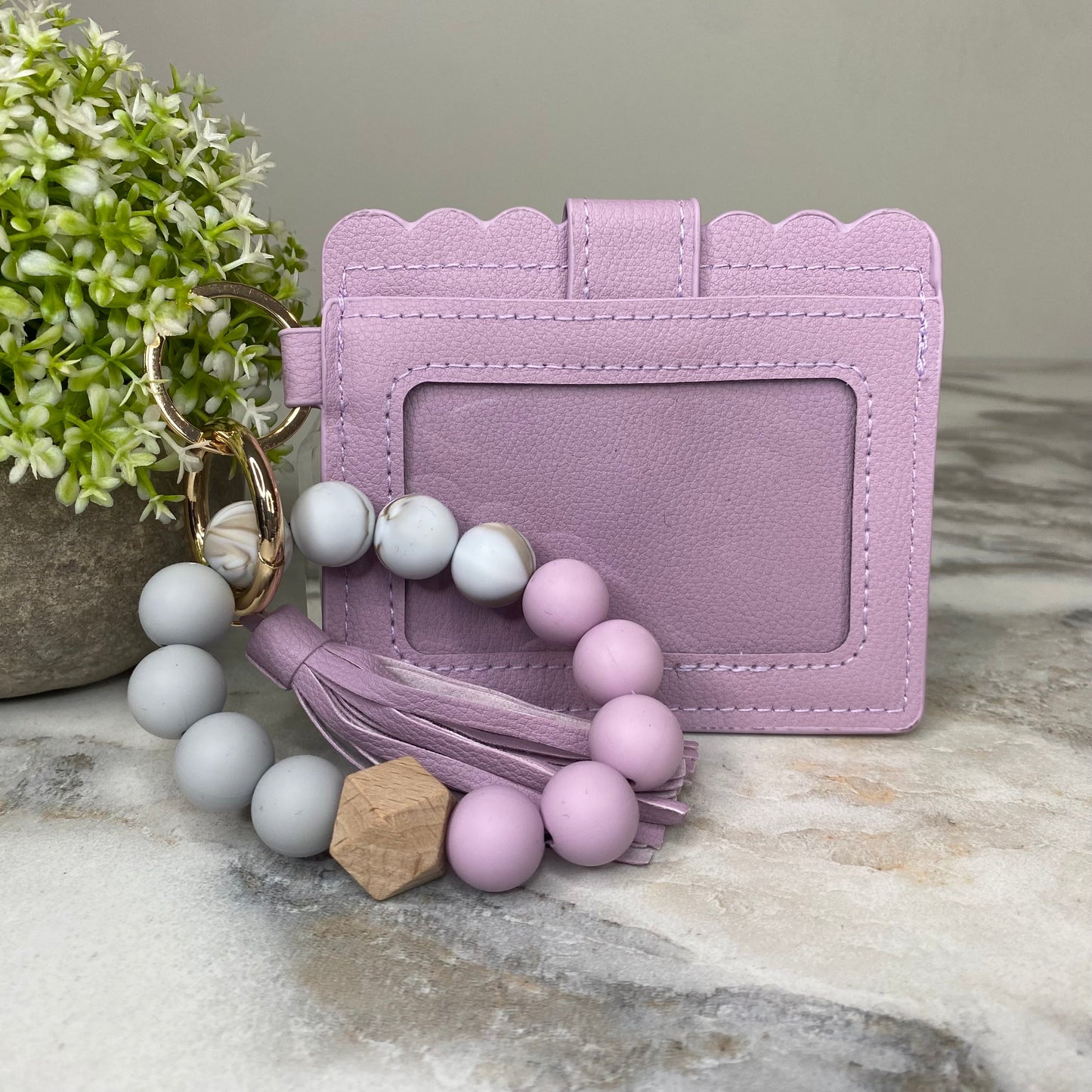 Silicone Bracelet Keychain with Scalloped Card Holder - Lavender Purple
