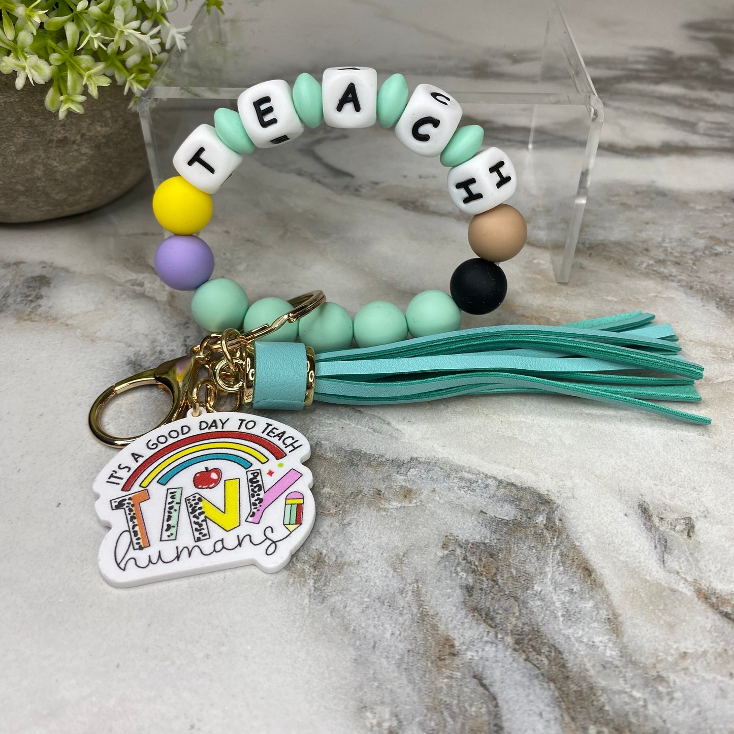 Silicone & Acrylic Bracelet Keychain - Teach - Mint