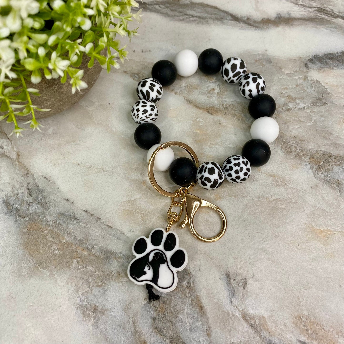 Silicone Bracelet Keychain - Black & White Dog Paw