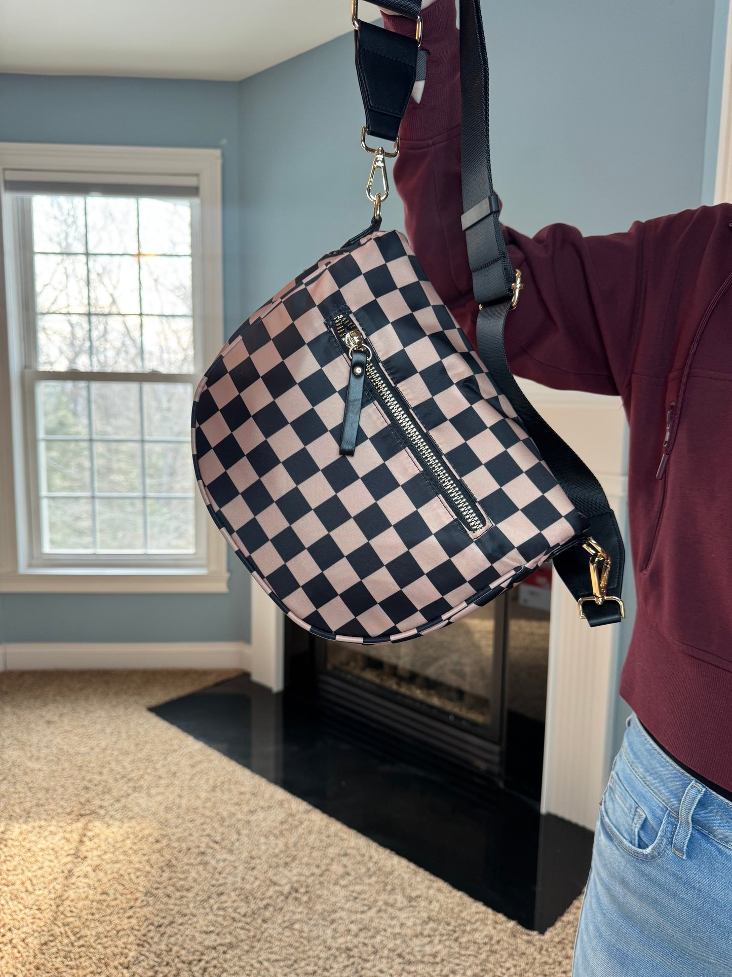 The Roni Nylon Crossbody - Checkered Black + Tan