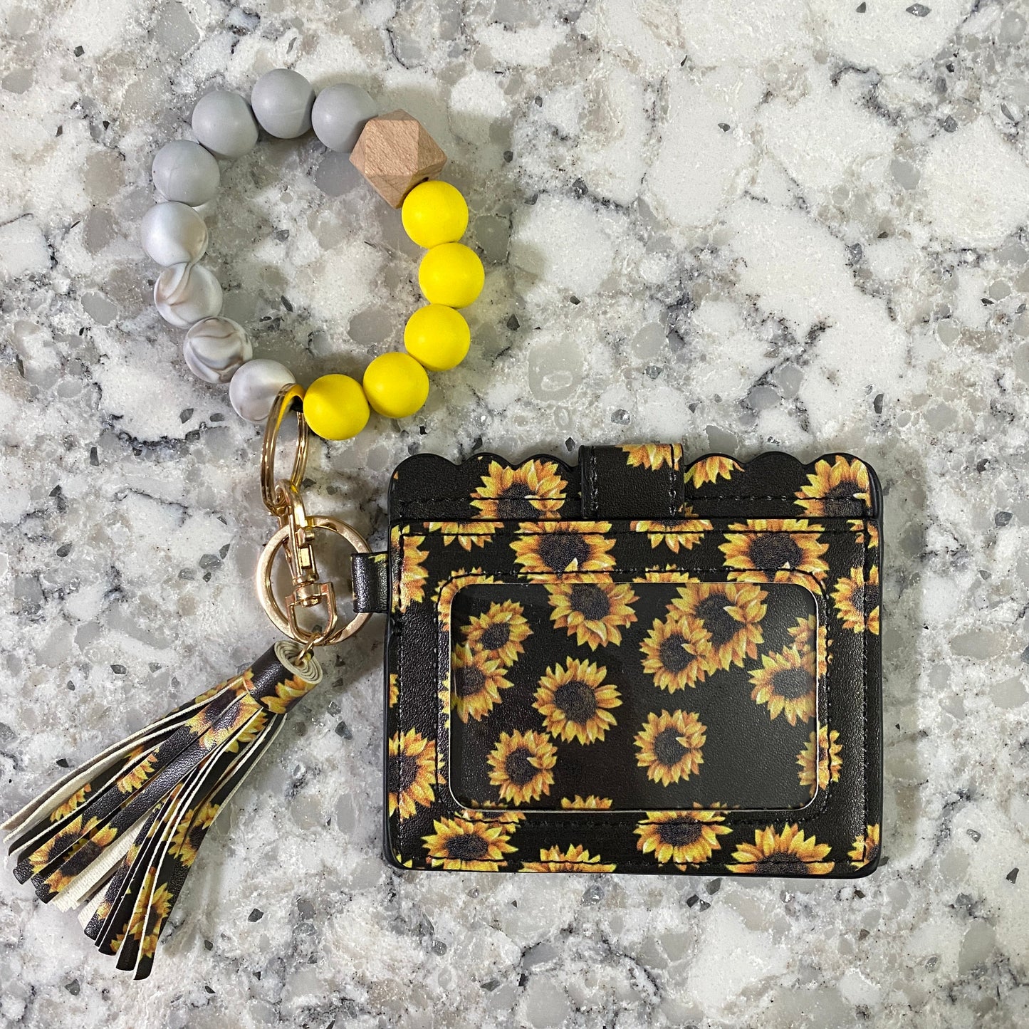 Silicone Bracelet Keychain with Scalloped Card Holder - Sunflower