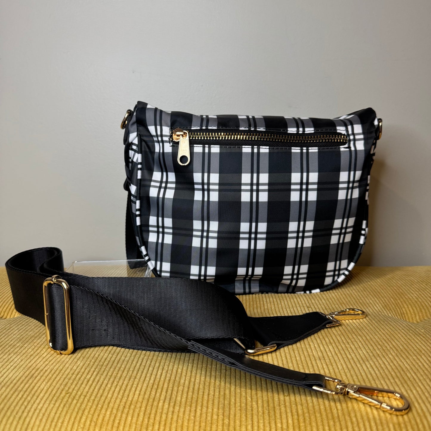 The Roni Nylon Crossbody - Black & White Plaid