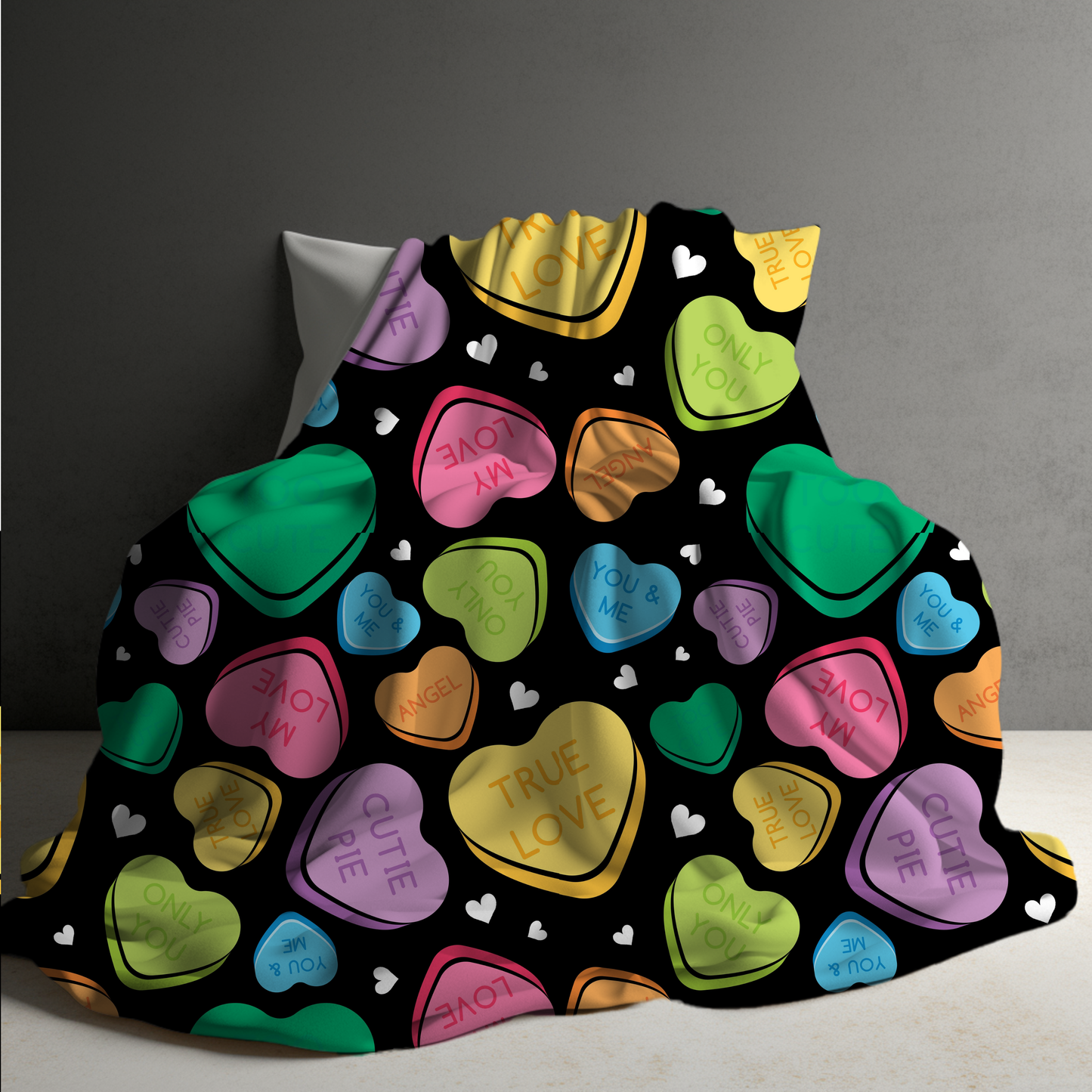 Blanket - Valentine’s Day - Conversation Hearts on Black