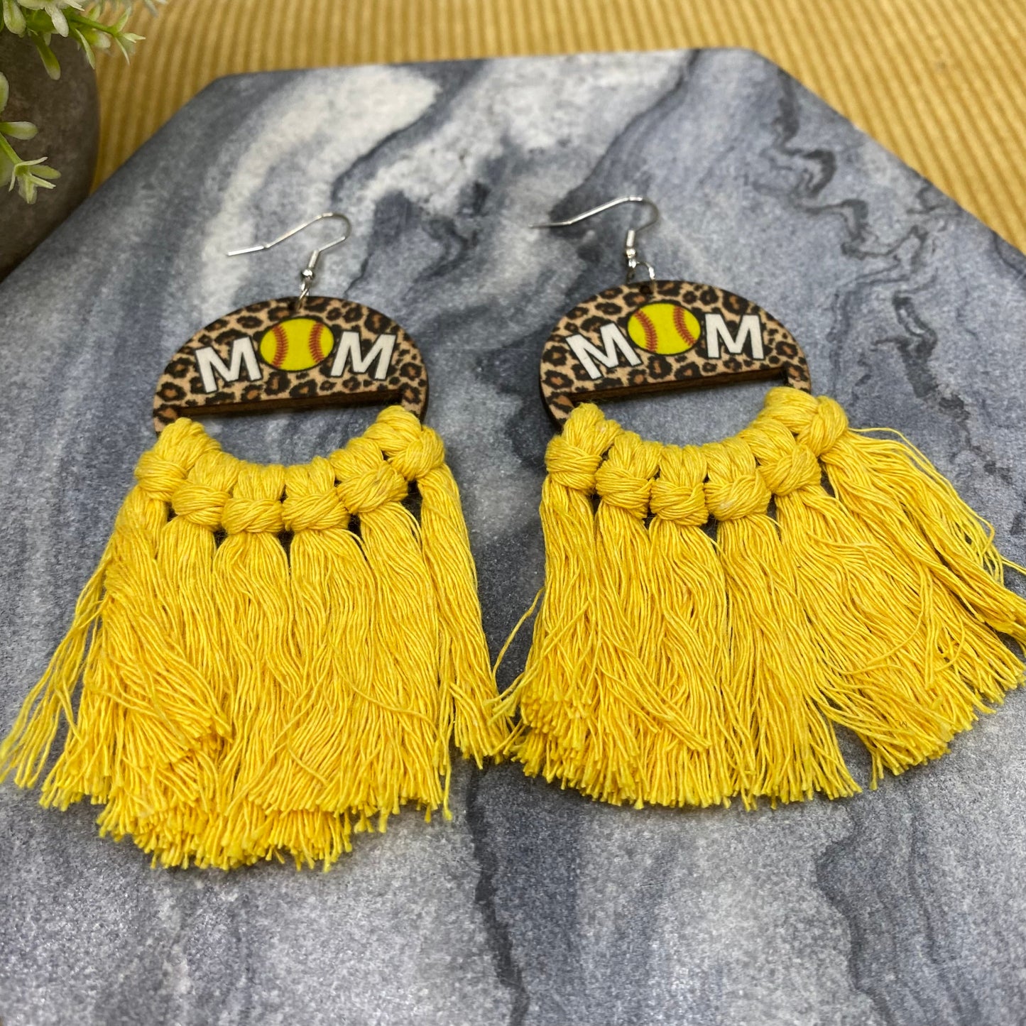 Wood & Macrame Earrings - Half Softball Mom