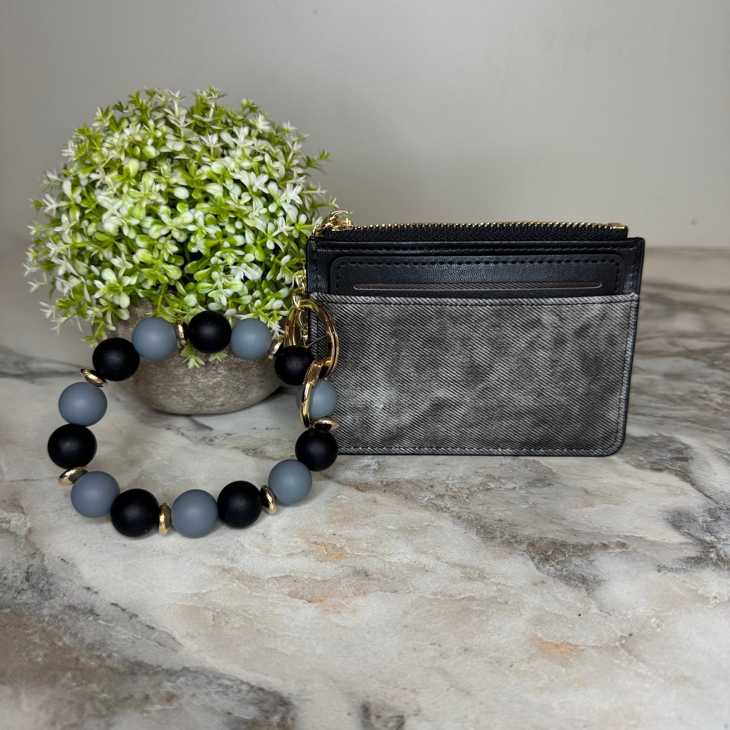 Denim Suede Bracelet Keychain & Card Holder Wallet