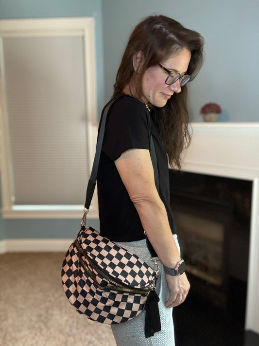 The Roni Nylon Crossbody - Checkered Black + Tan