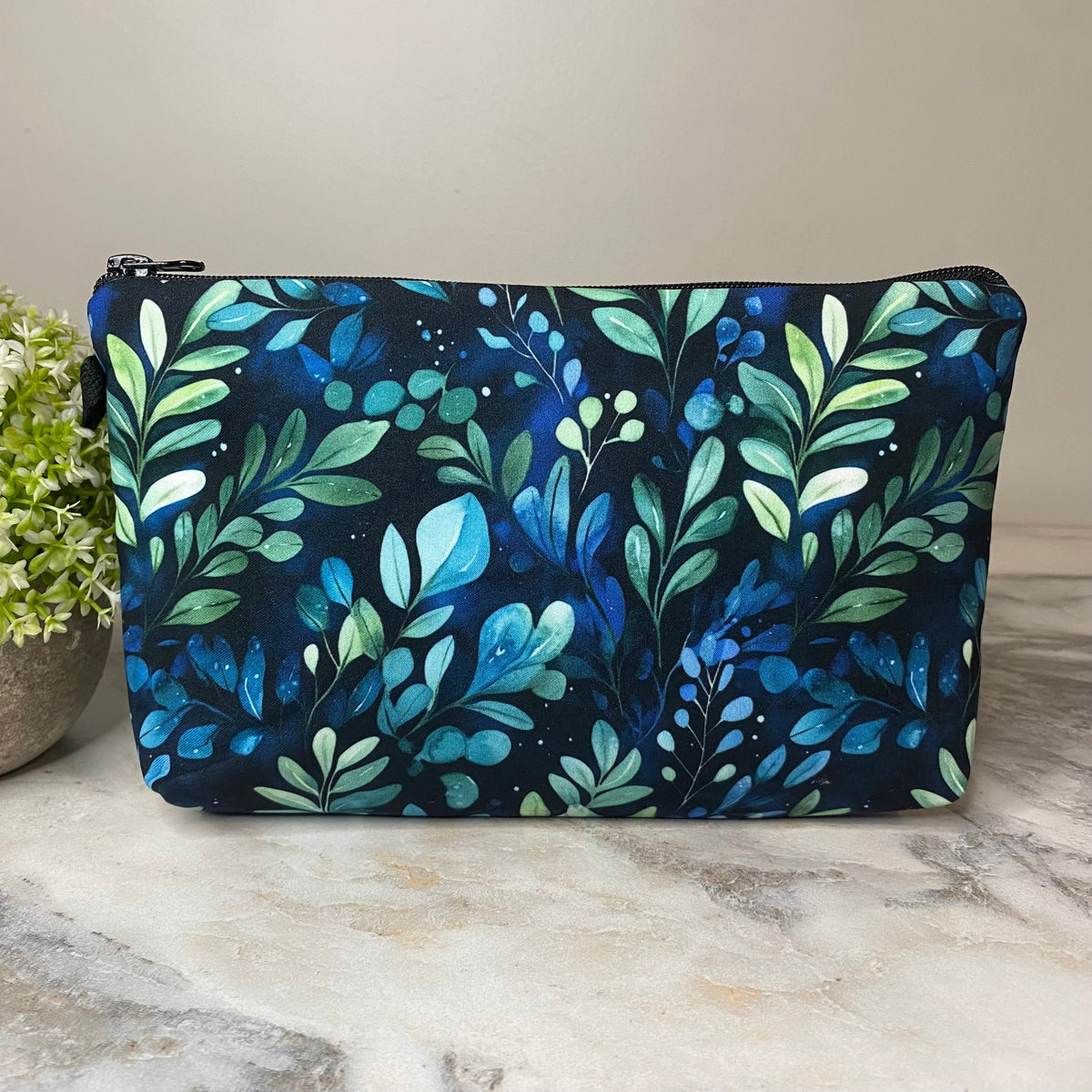 Pouch - Floral Navy Green Leaves