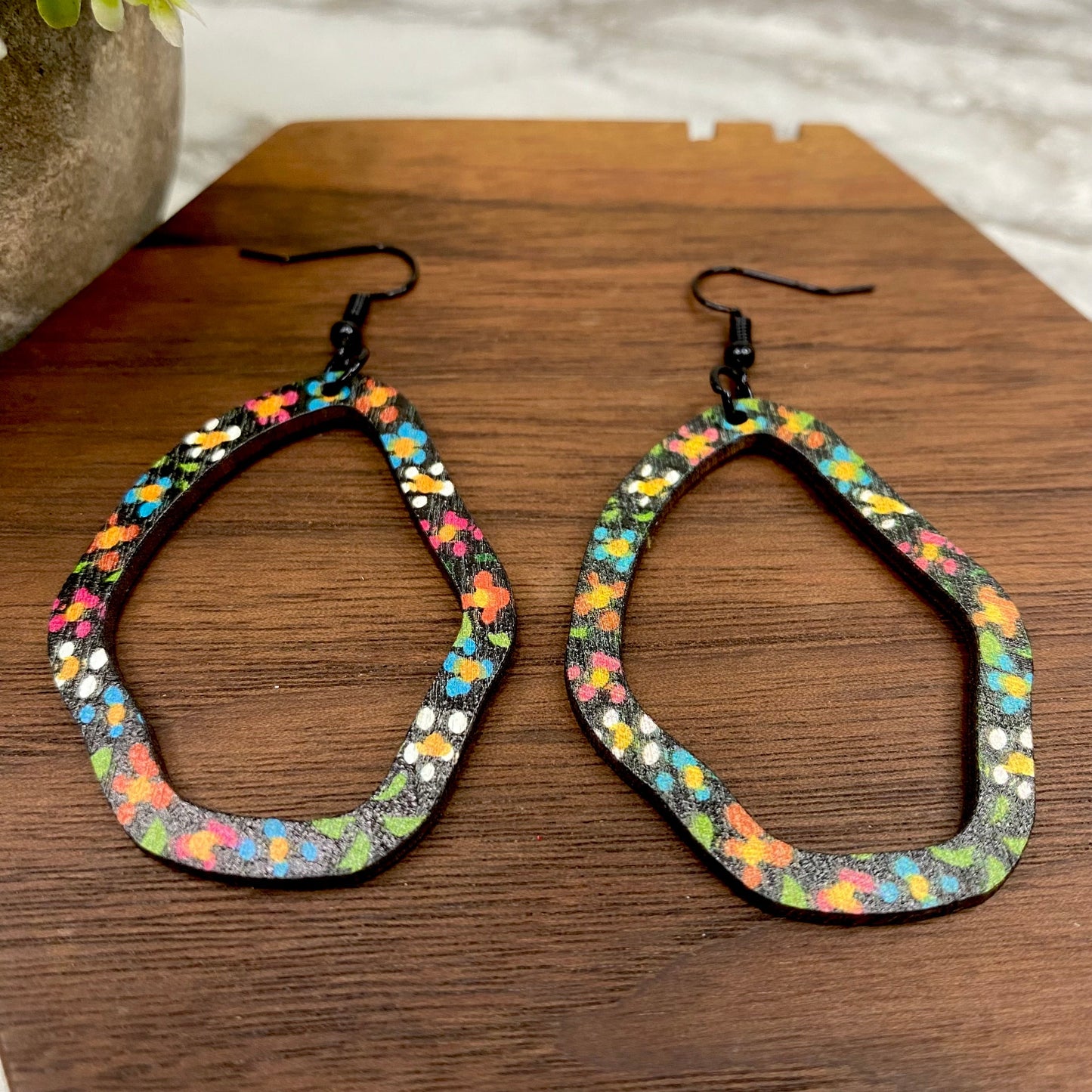 Wooden Teardrop Cutout Earrings - Black Floral