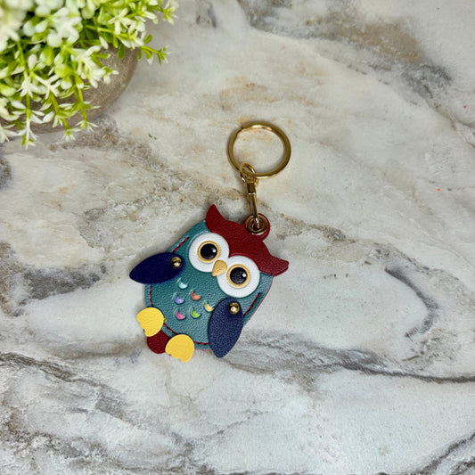 Keychain - Faux Leather - Navy Blue Maroon Owl