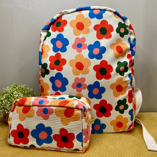 Backpack & Stand Up Rectangle Pouch Set - Corduroy - Colorful Floral