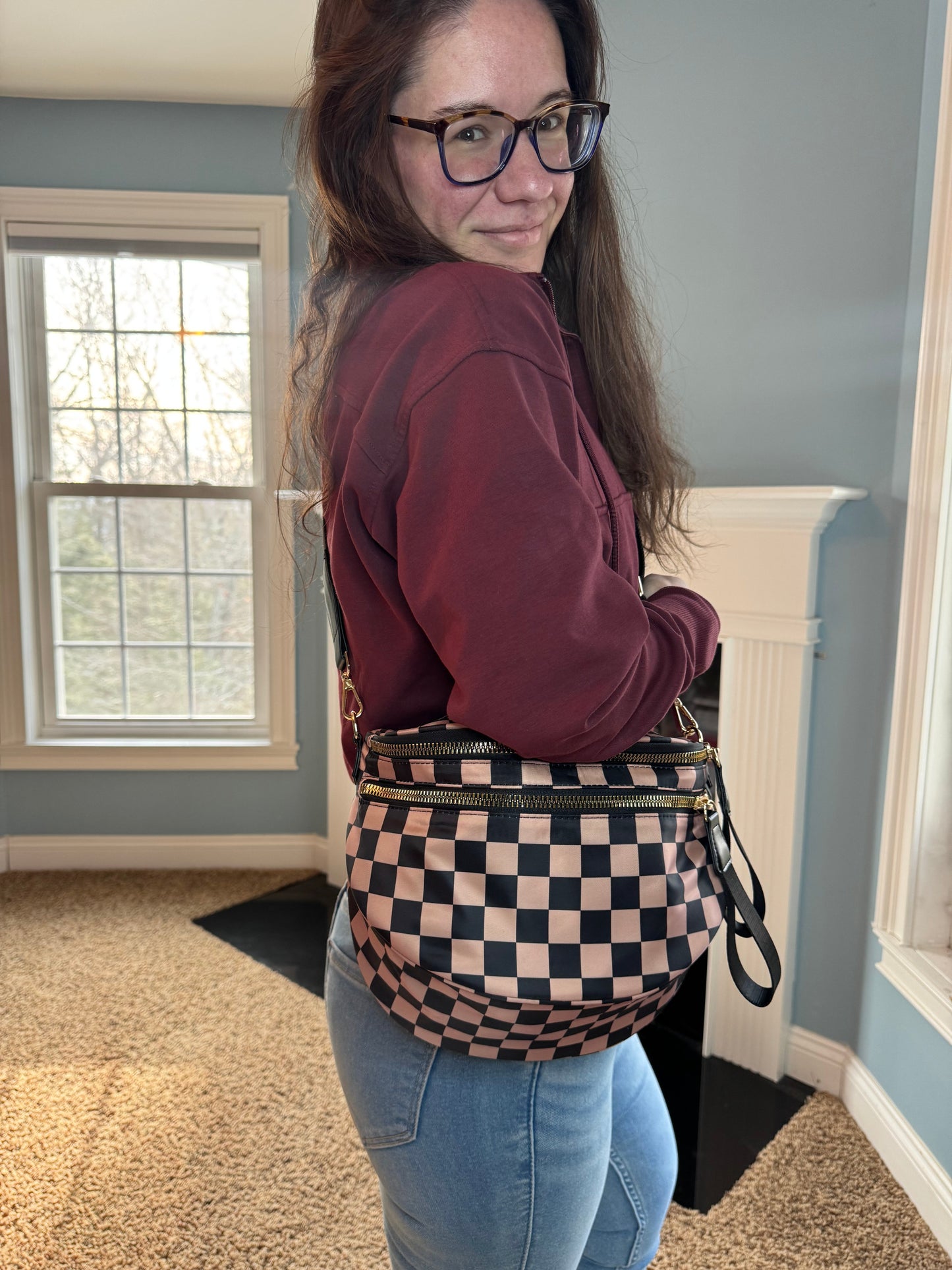 The Roni Nylon Crossbody - Checkered Black + Tan