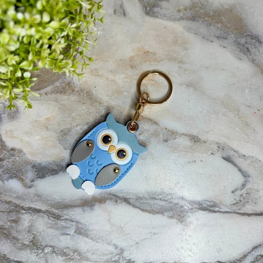 Keychain - Faux Leather - Light Blue Owl