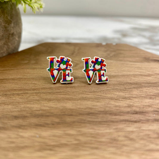 Acrylic Stud Earrings - Autism Awareness - Love Puzzle