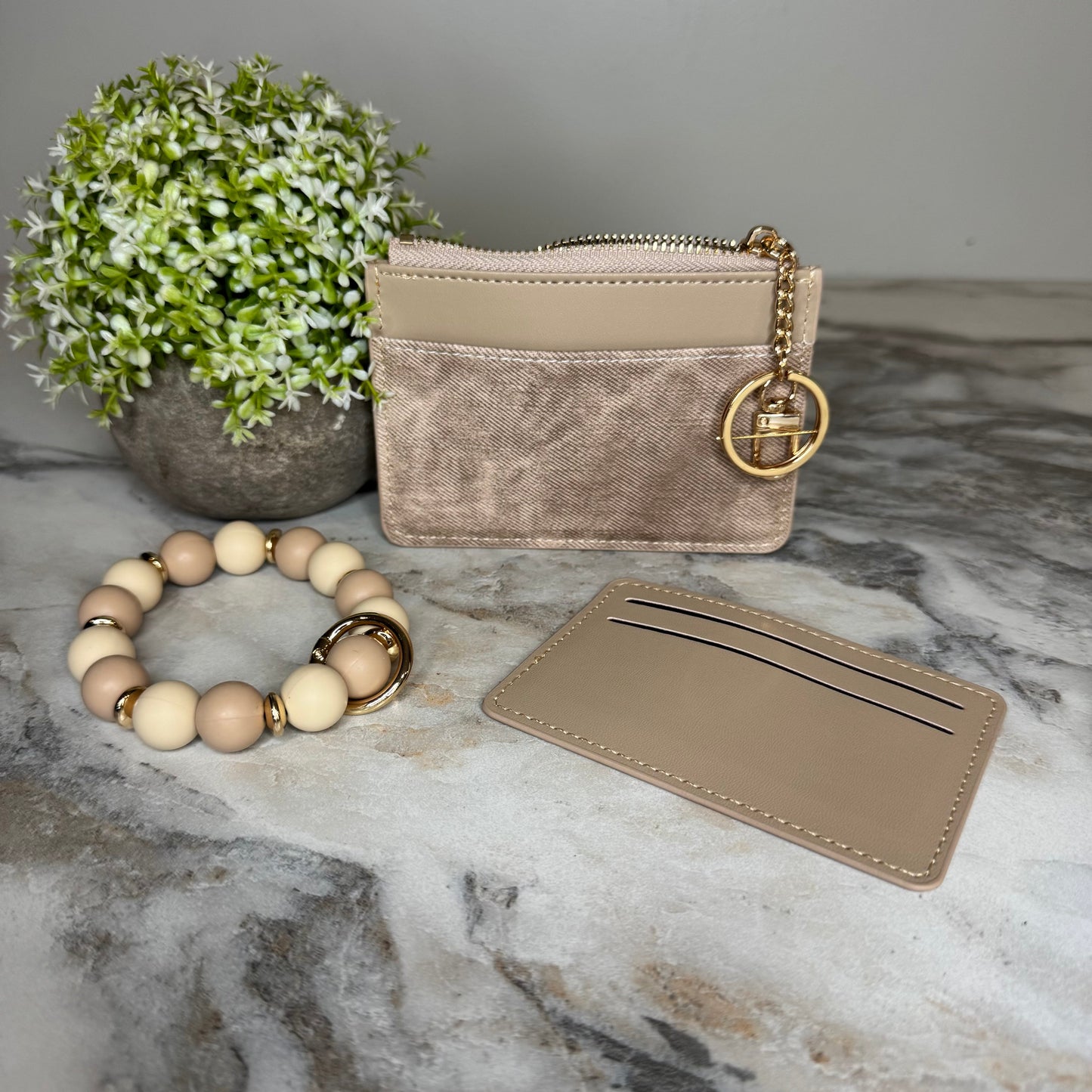 Denim Suede Bracelet Keychain & Card Holder Wallet