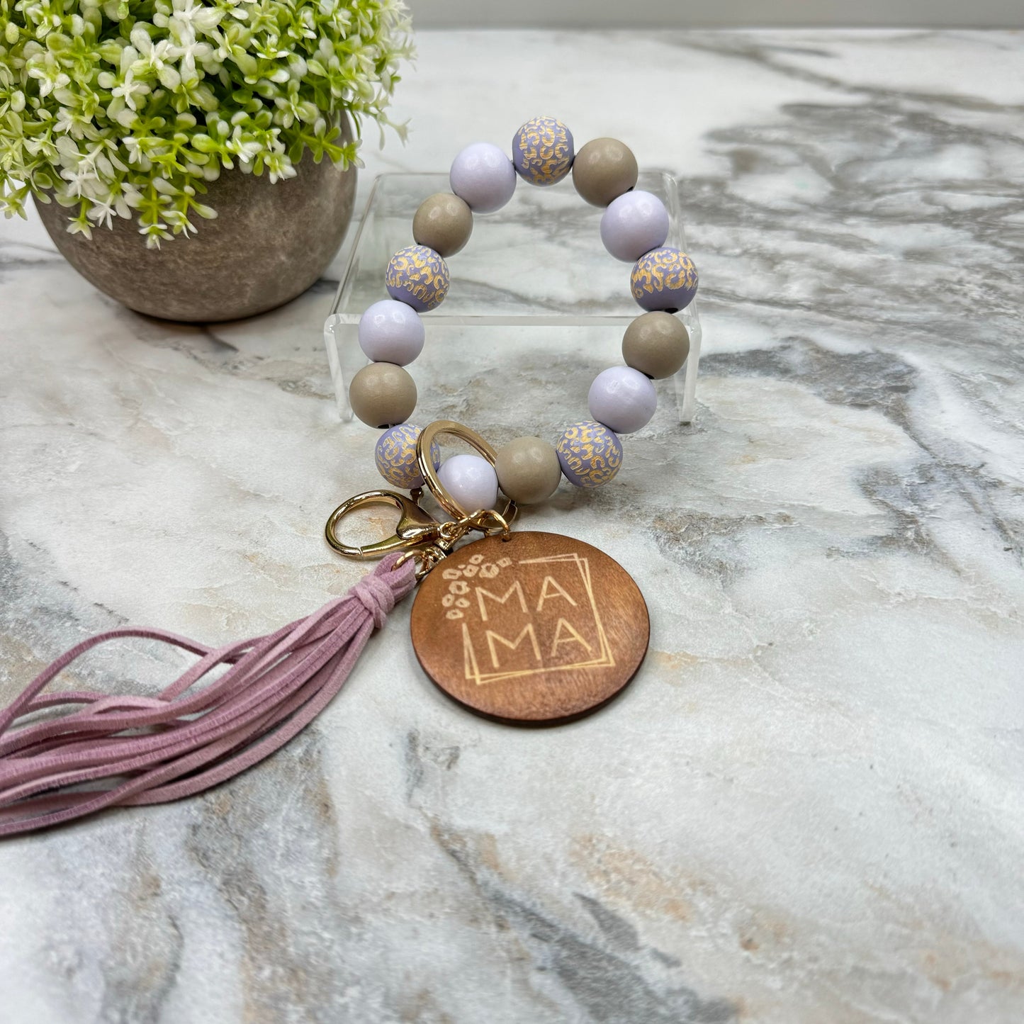 Wooden Bead Bracelet Keychain - Mama - Lavender