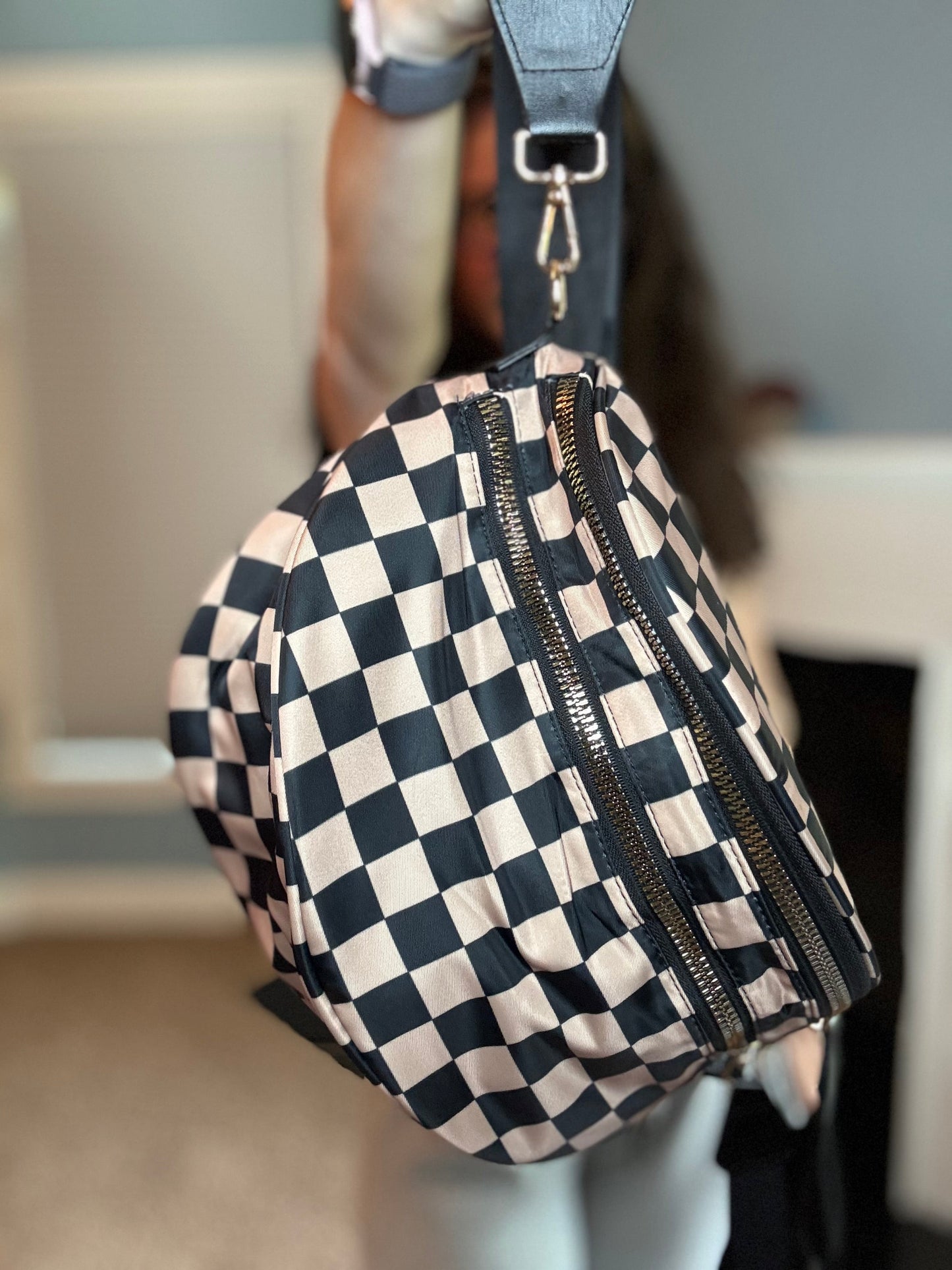 The Roni Nylon Crossbody - Checkered Black + Tan
