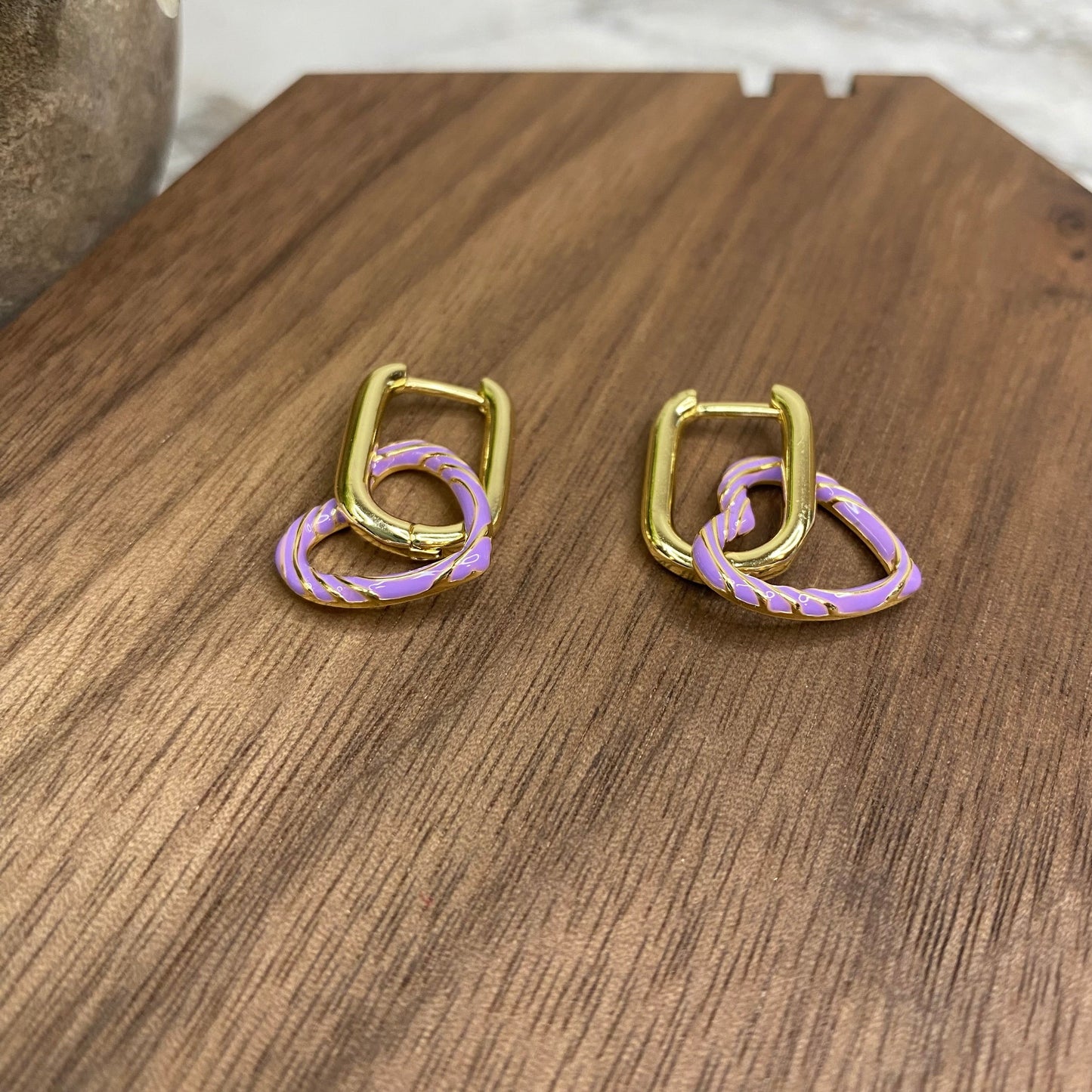 Metal Dangle Earrings - Heart Link - Purple