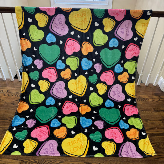 Blanket - Valentine’s Day - Conversation Hearts on Black