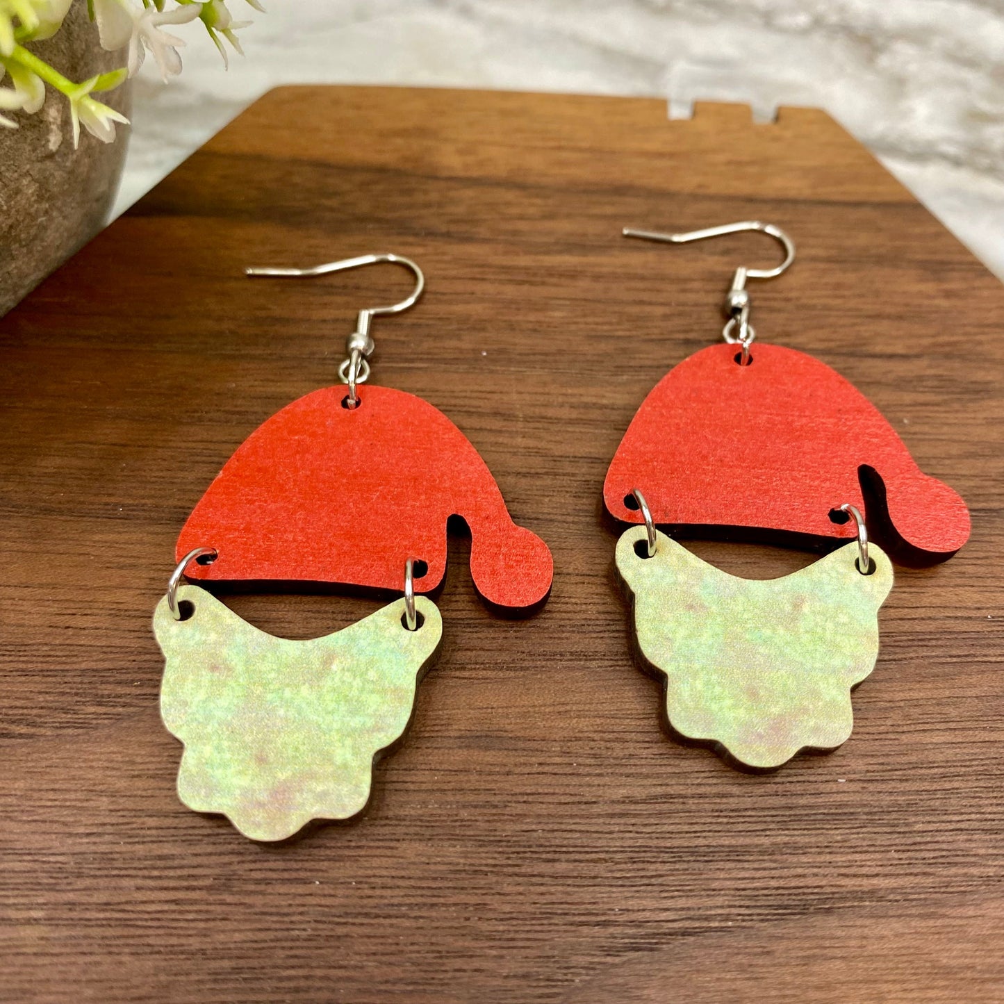 Wooden Dangle Earrings - Christmas - Santa Hat & Beard