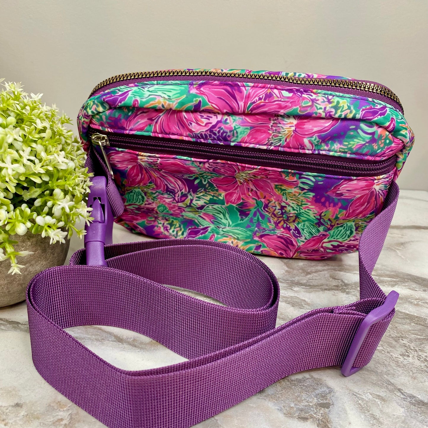 Nylon Belt Bag - Crossbody + Fanny - Floral Pink Green Dark Plum