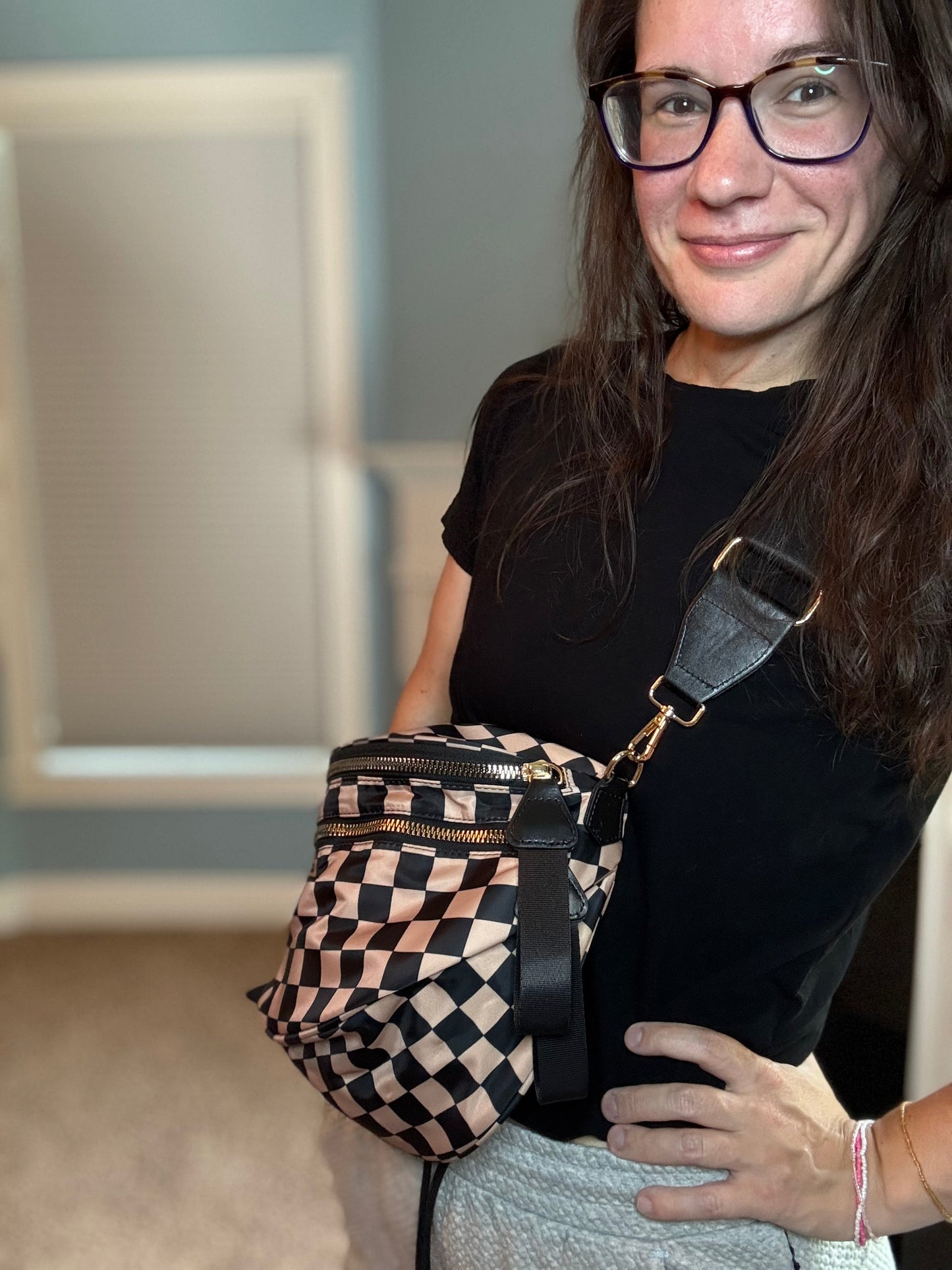 The Roni Nylon Crossbody - Checkered Black + Tan