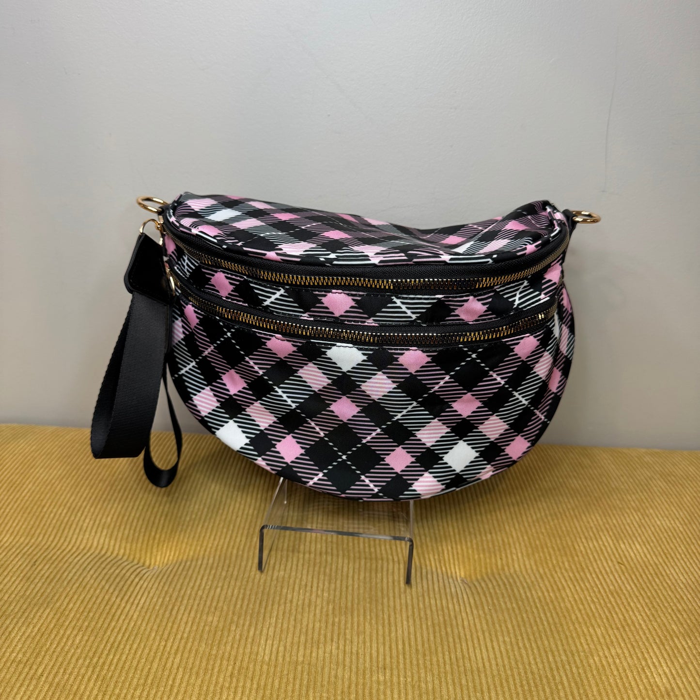The Roni Nylon Crossbody - Black Pink Plaid