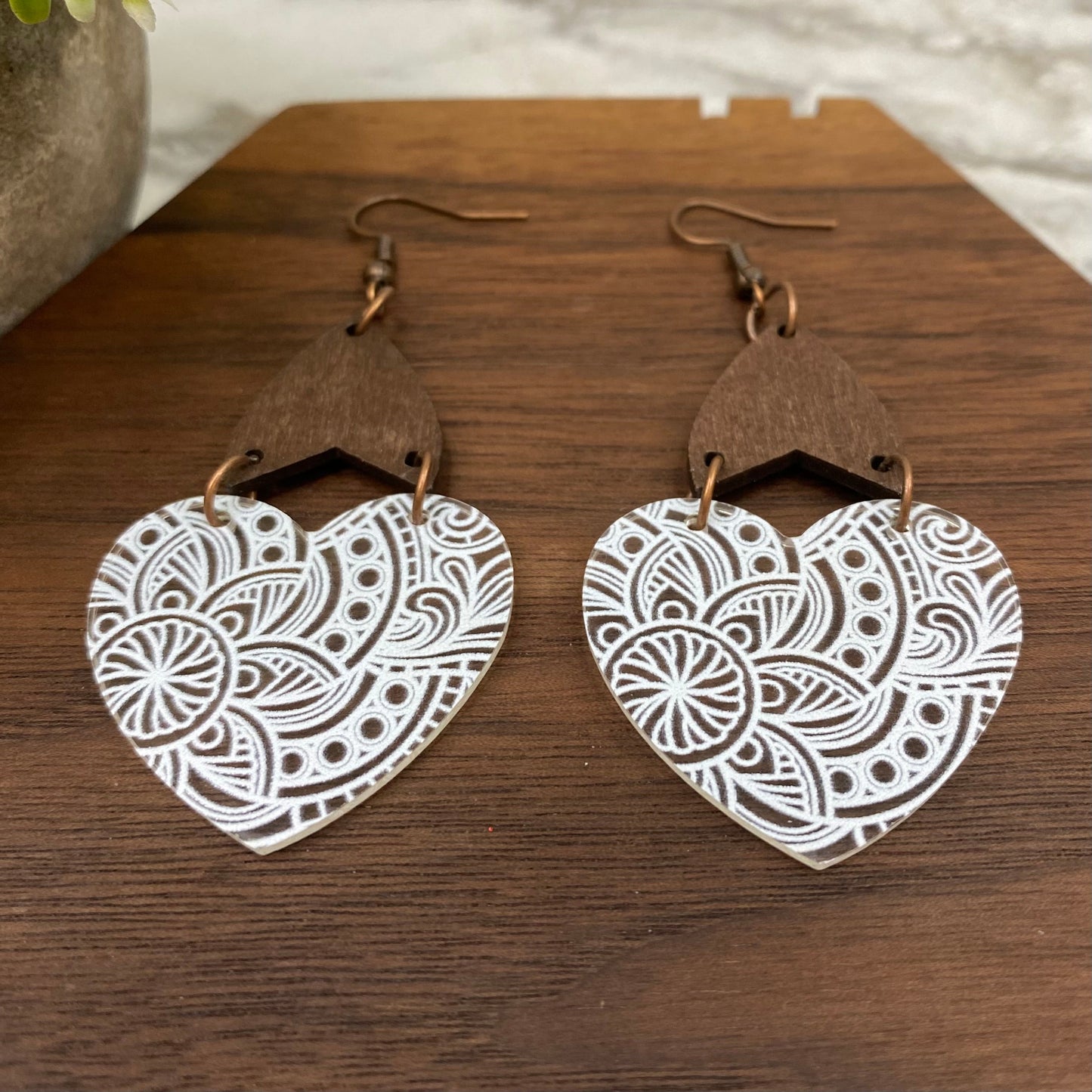 Acrylic & Wood Dangle Earrings - Clear Filigree Heart