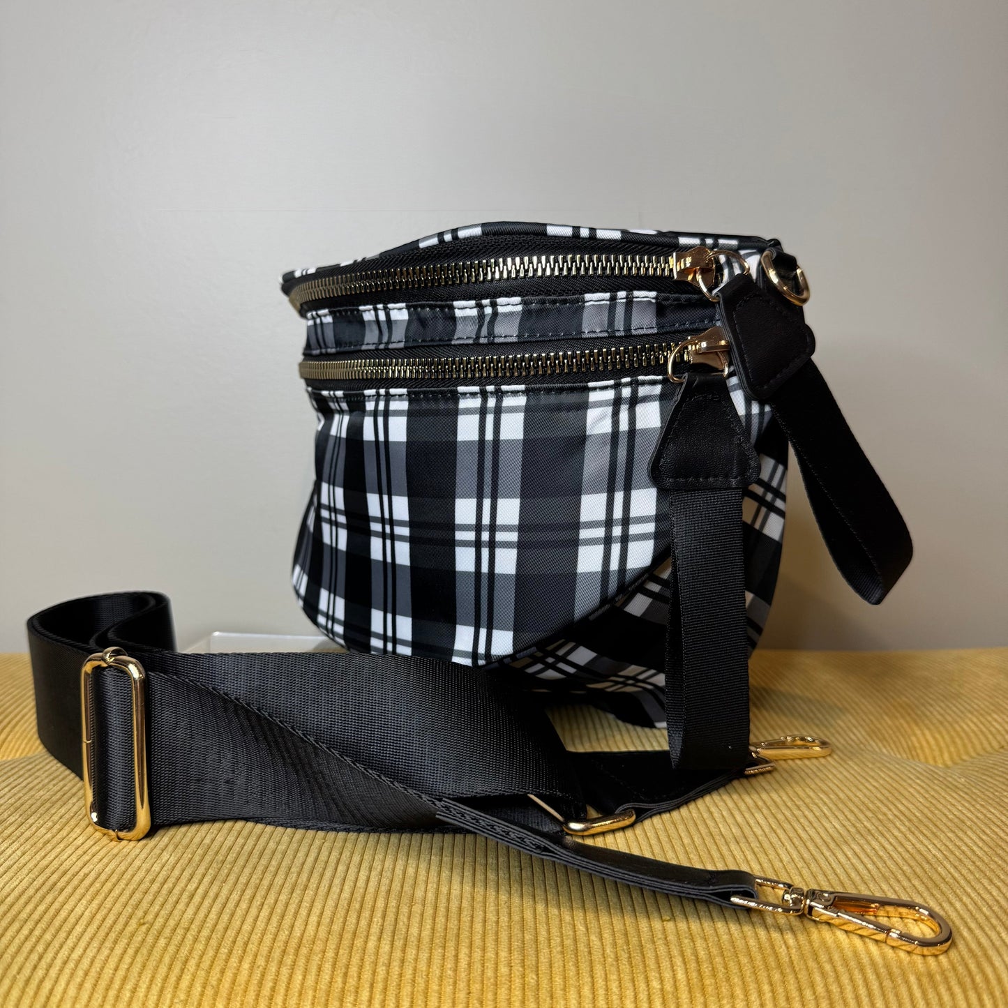 The Roni Nylon Crossbody - Black & White Plaid