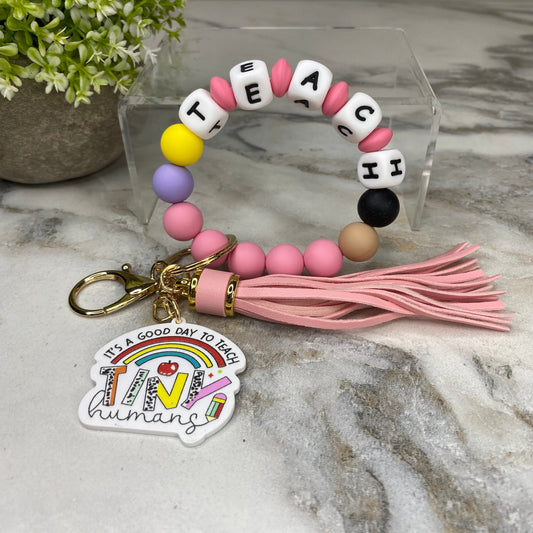 Silicone & Acrylic Bracelet Keychain - Teach - Pink