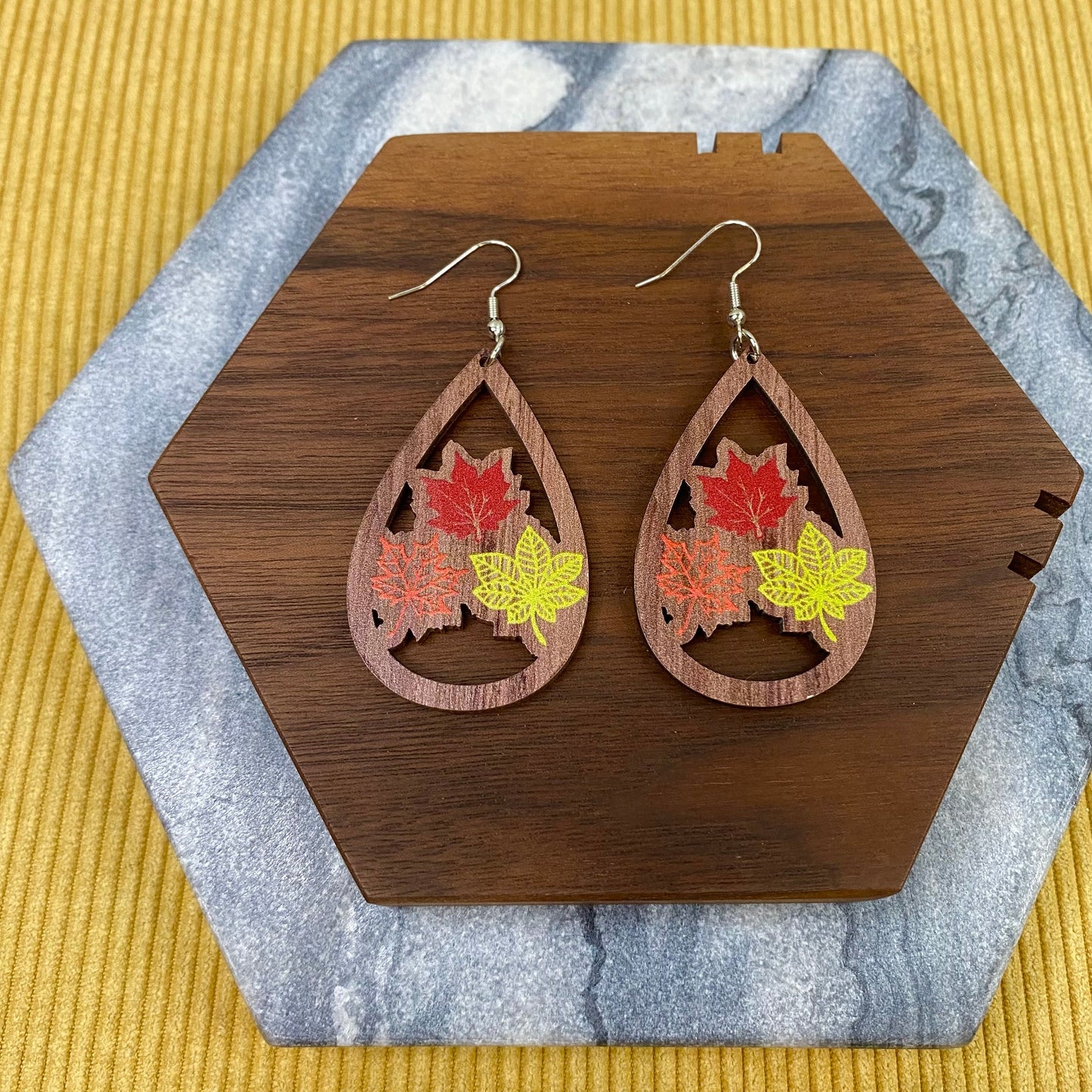 Wooden Teardrop Cutout Earrings - Fall - Leaves