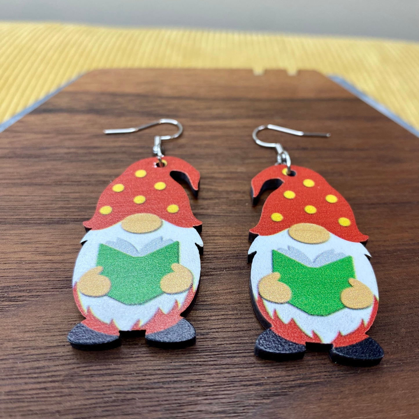 Wooden Dangle Earrings - Teacher Gnome Book