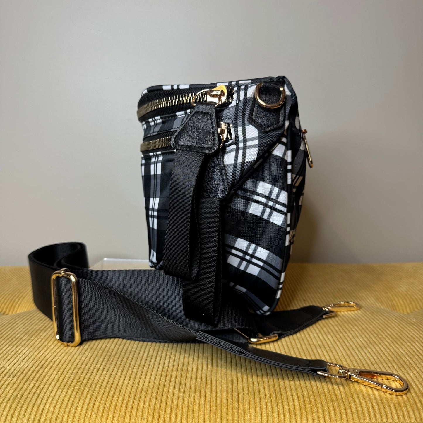 The Roni Nylon Crossbody - Black & White Plaid