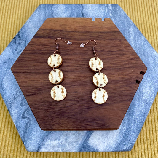 Wooden Dangle Earrings - Baseballs